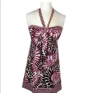 BCBG Maxazria Strapless Purple and Ivory Tropical Print Tube Halter Dress. Sz S